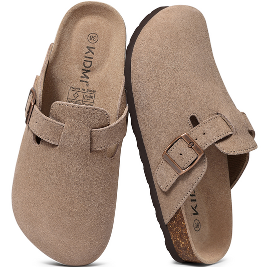 KIDMI Genuine Suede Clogs for Women Men Cork Footbed Sandals Leather Mules Potato Shoes with Arch Support