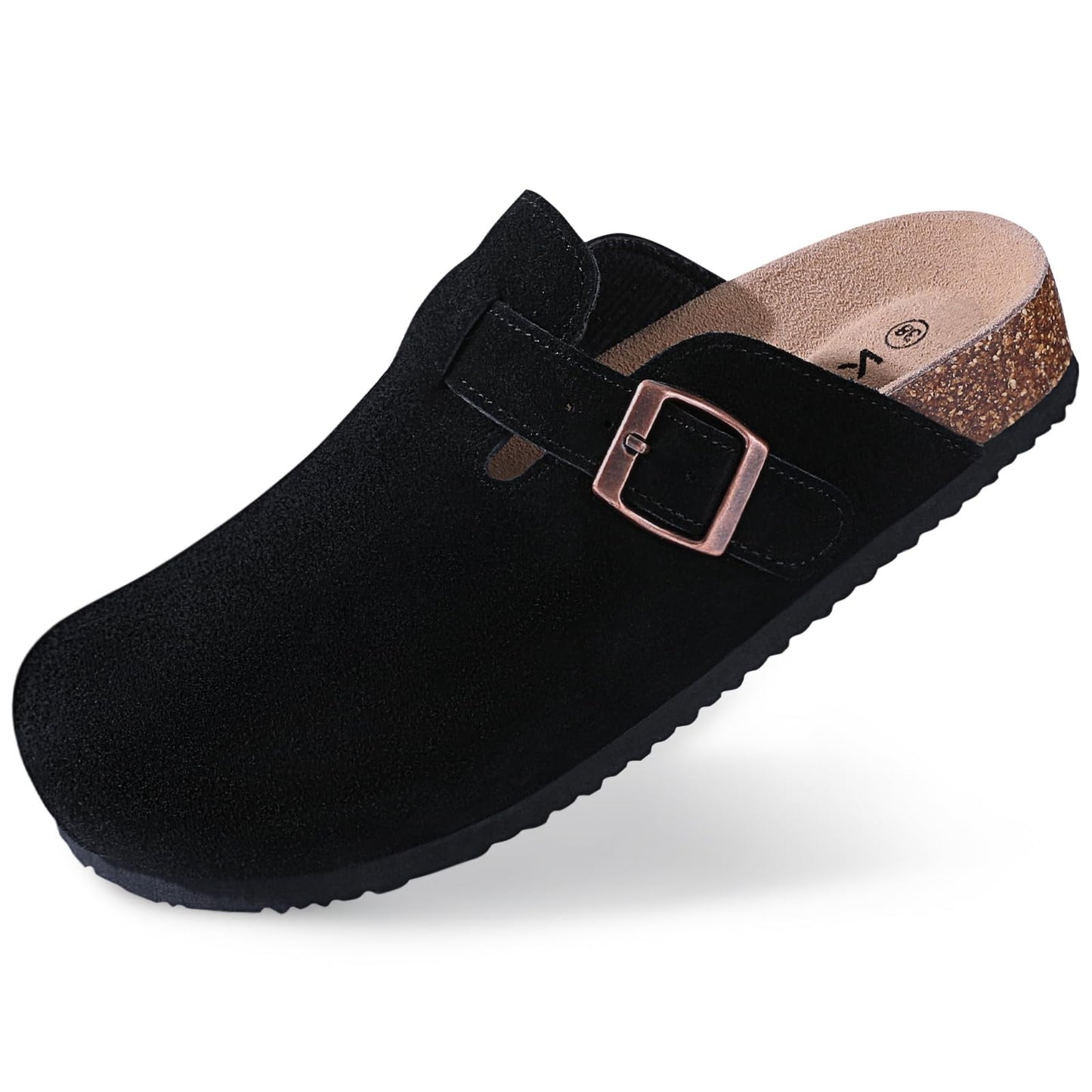 Litfun Women's Suede Clogs Leather Mules Cork Footbed Sandals  with Adjustable Buckle