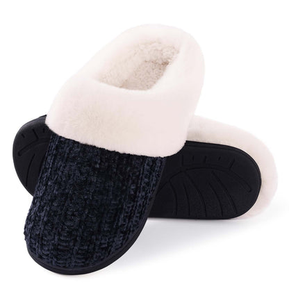 Litfun Fuzzy Slippers for Women Chenille Knit Fleece Slippers Memory Foam House Shoes