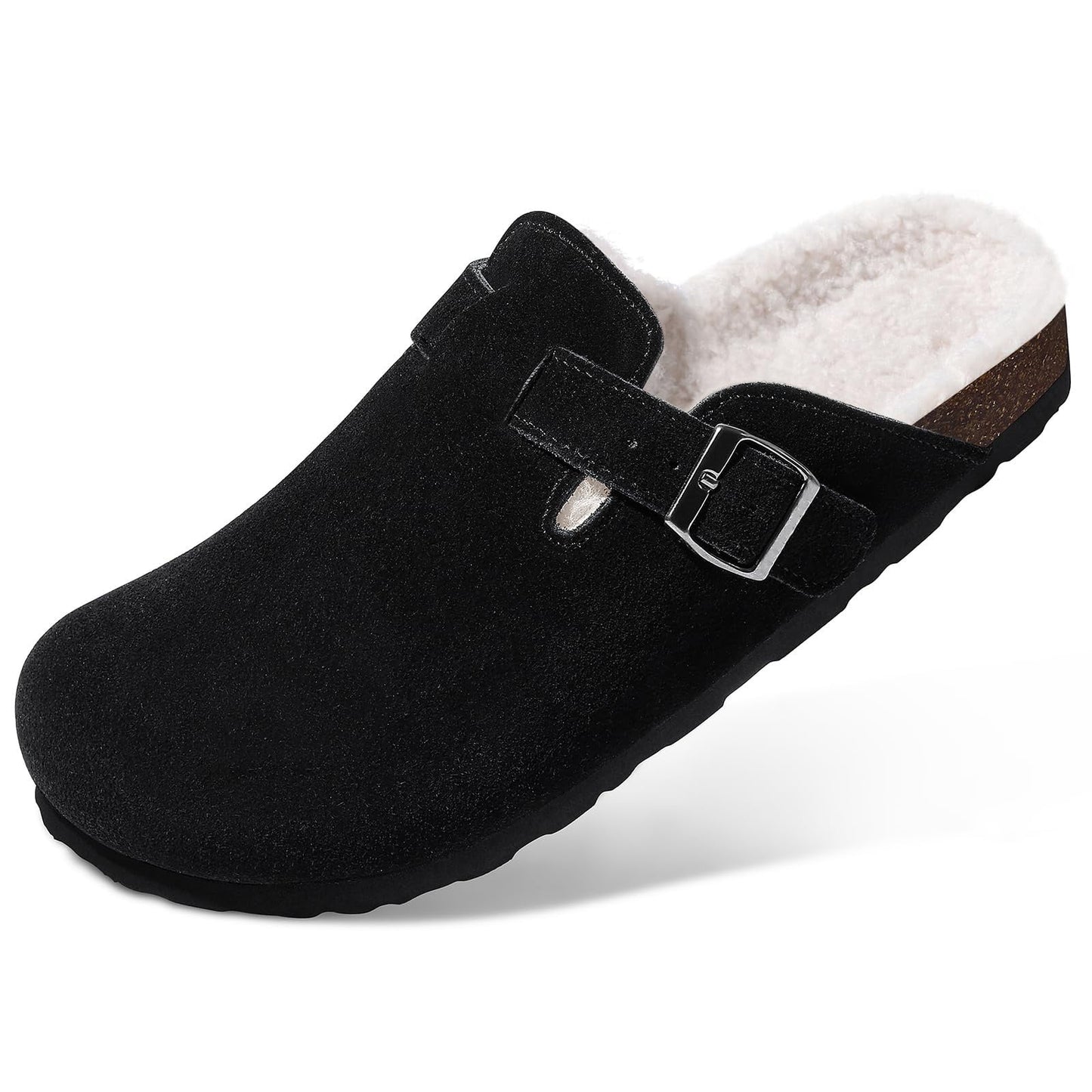 Litfun Women's Faux Fur Lined Suede Clogs Fuzzy Cork Footbed Mules Slip On Winter Shoes