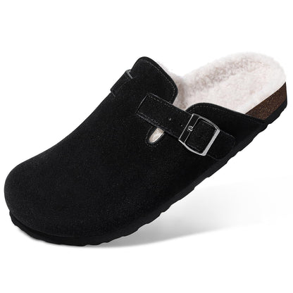 Litfun Women's Faux Fur Lined Suede Clogs Fuzzy Cork Footbed Mules Slip On Winter Shoes