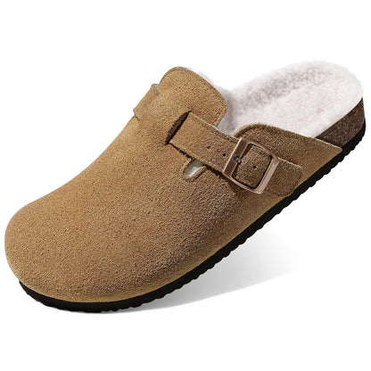Litfun Women's Faux Fur Lined Suede Clogs Fuzzy Cork Footbed Mules Slip On Winter Shoes