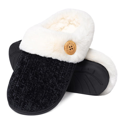 Litfun Fuzzy Slippers for Women Chenille Knit Fleece Slippers Memory Foam House Shoes
