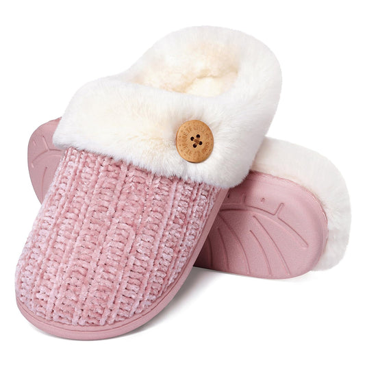 Litfun Fuzzy Slippers for Women Chenille Knit Fleece Slippers Memory Foam House Shoes