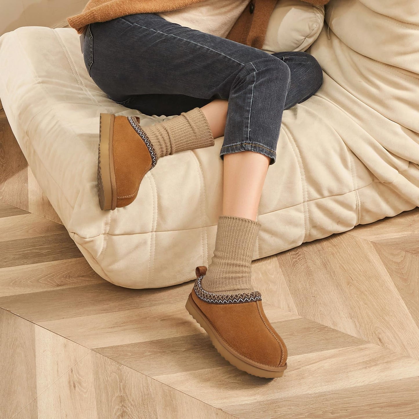 Litfun Fuzzy Slippers for Women Genuine Suede Fluffy Winter House Slipper House Shoes