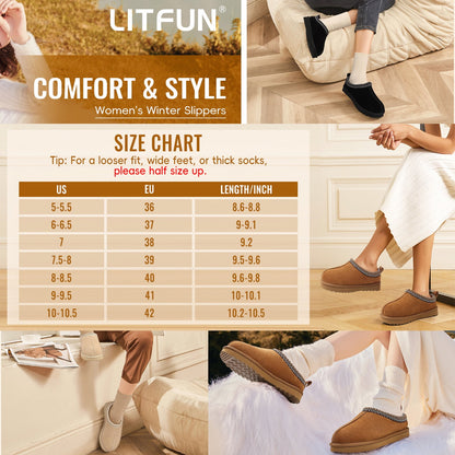 Litfun Fuzzy Slippers for Women Genuine Suede Fluffy Winter House Slipper House Shoes