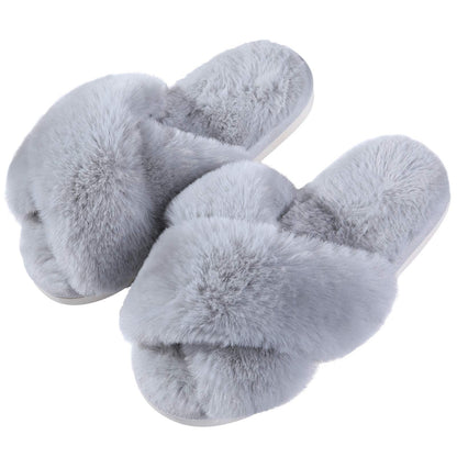 Litfun Women's Fuzzy Slippers Open Toe Cross Band Slippers Memory Foam House Slippers