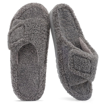 Litfun Women's Fuzzy Orthopedic Slippers with Arch Support Open Toe House Shoes