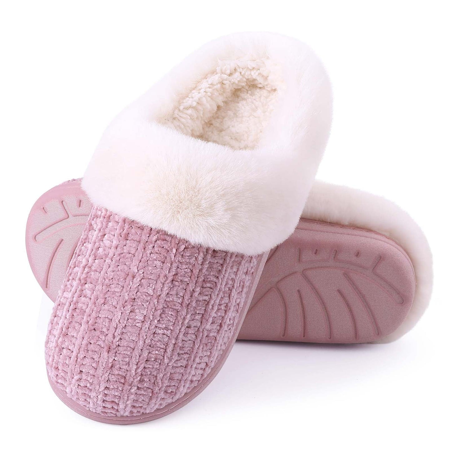 Litfun Fuzzy Slippers for Women Chenille Knit Fleece Slippers Memory Foam House Shoes