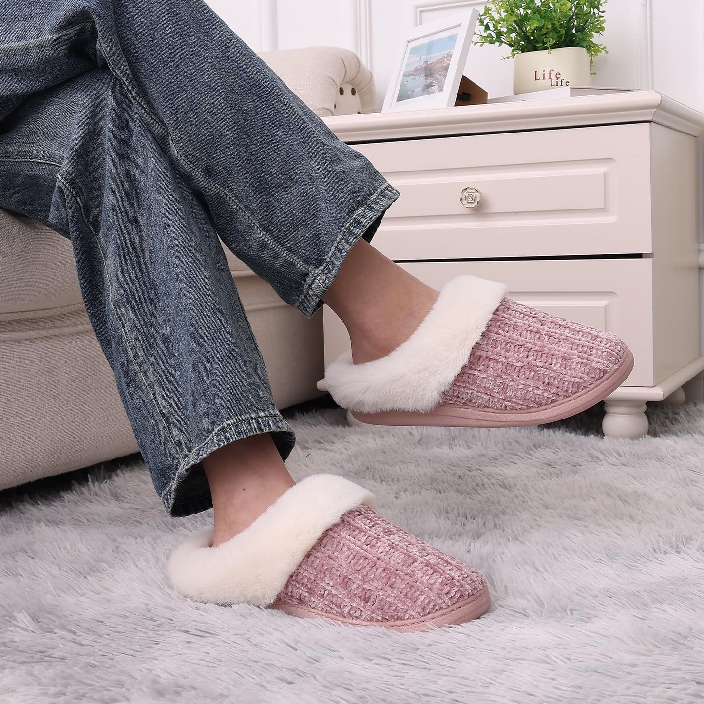 Litfun Fuzzy Slippers for Women Chenille Knit Fleece Slippers Memory Foam House Shoes