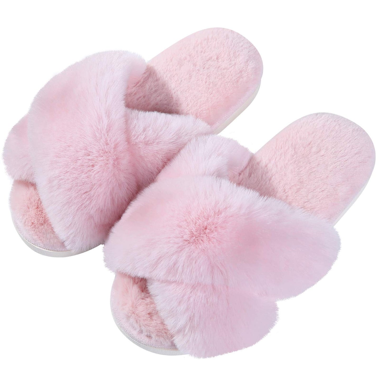 Litfun Women's Fuzzy Slippers Open Toe Cross Band Slippers Memory Foam House Slippers