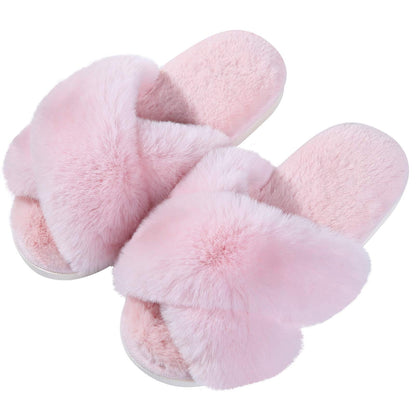 Litfun Women's Fuzzy Slippers Open Toe Cross Band Slippers Memory Foam House Slippers