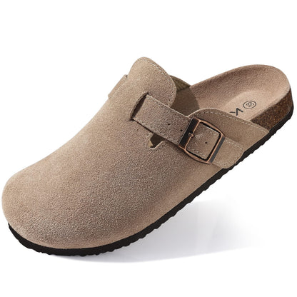 Litfun Women's Suede Clogs Leather Mules Cork Footbed Sandals  with Adjustable Buckle