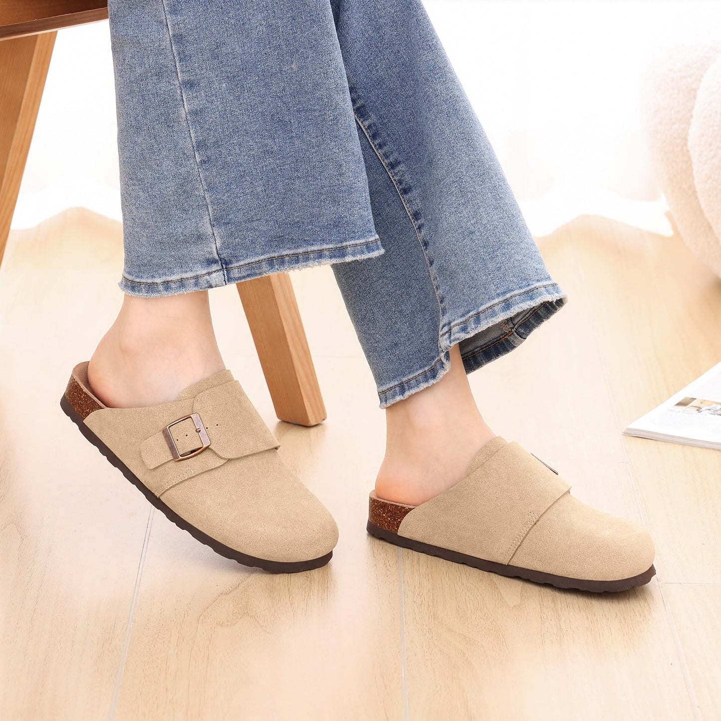 Litfun Suede Clogs for Women Cork Footbed Sandals Arch Support  Adjustable Buckle Shoes