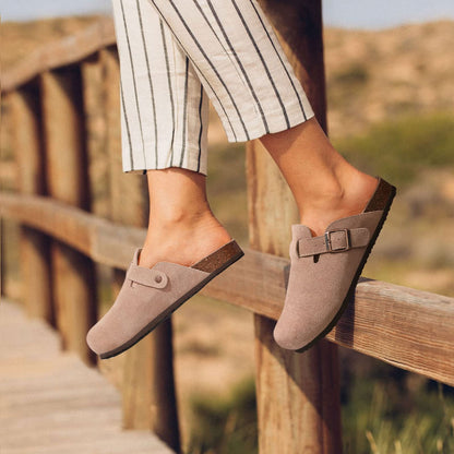 Litfun Women's Suede Clogs Leather Mules Cork Footbed Sandals  with Adjustable Buckle