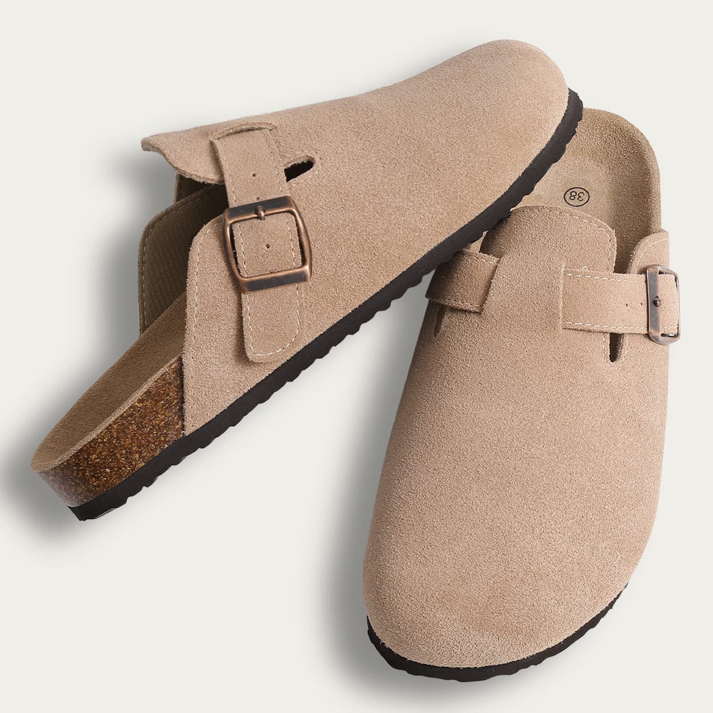 Litfun Women's Suede Clogs Leather Mules Cork Footbed Sandals  with Adjustable Buckle