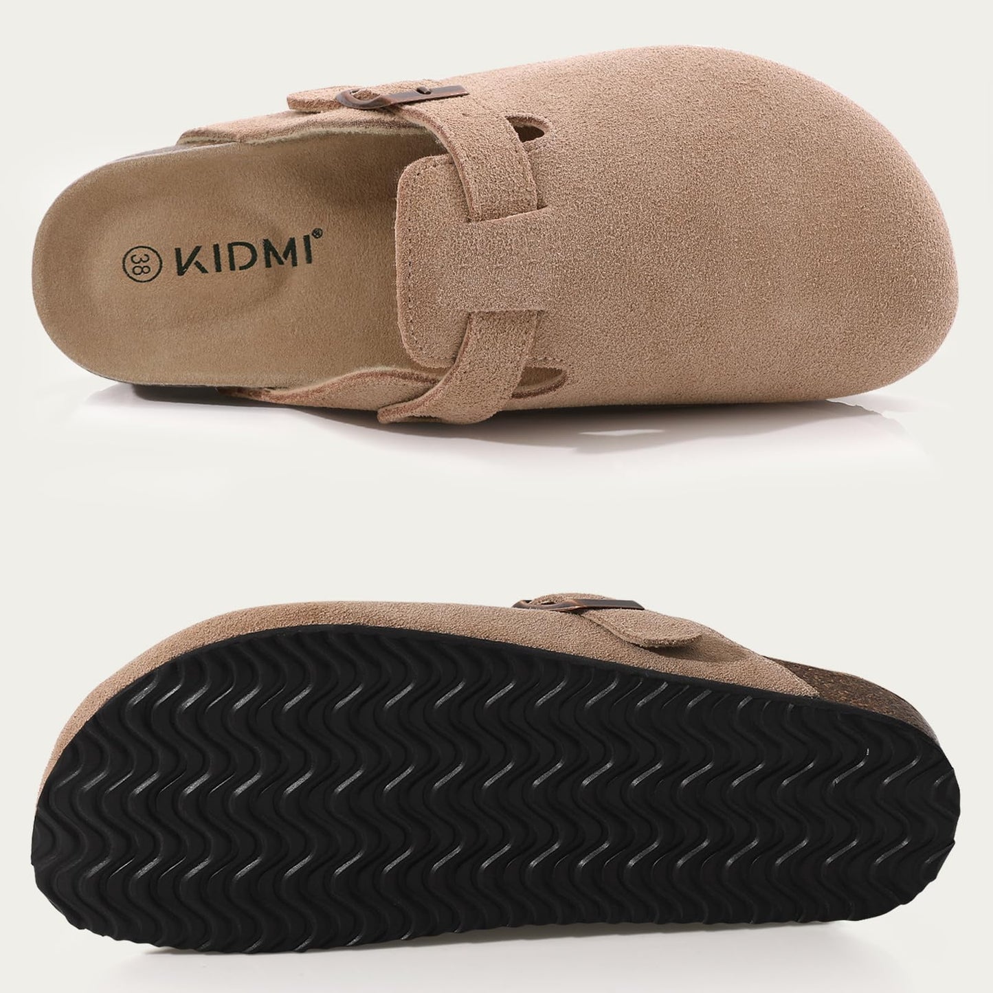 Litfun Women's Suede Clogs Leather Mules Cork Footbed Sandals  with Adjustable Buckle