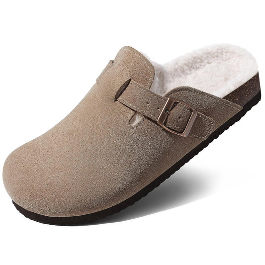 Litfun Women's Faux Fur Lined Suede Clogs Fuzzy Cork Footbed Mules Slip On Winter Shoes