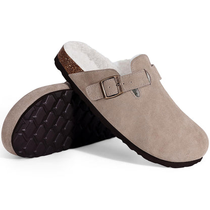 Litfun Women's Faux Fur Lined Suede Clogs Fuzzy Cork Footbed Mules Slip On Winter Shoes