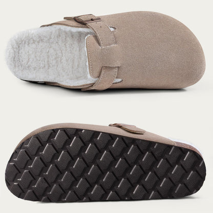 Litfun Women's Faux Fur Lined Suede Clogs Fuzzy Cork Footbed Mules Slip On Winter Shoes