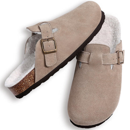 Litfun Women's Faux Fur Lined Suede Clogs Fuzzy Cork Footbed Mules Slip On Winter Shoes