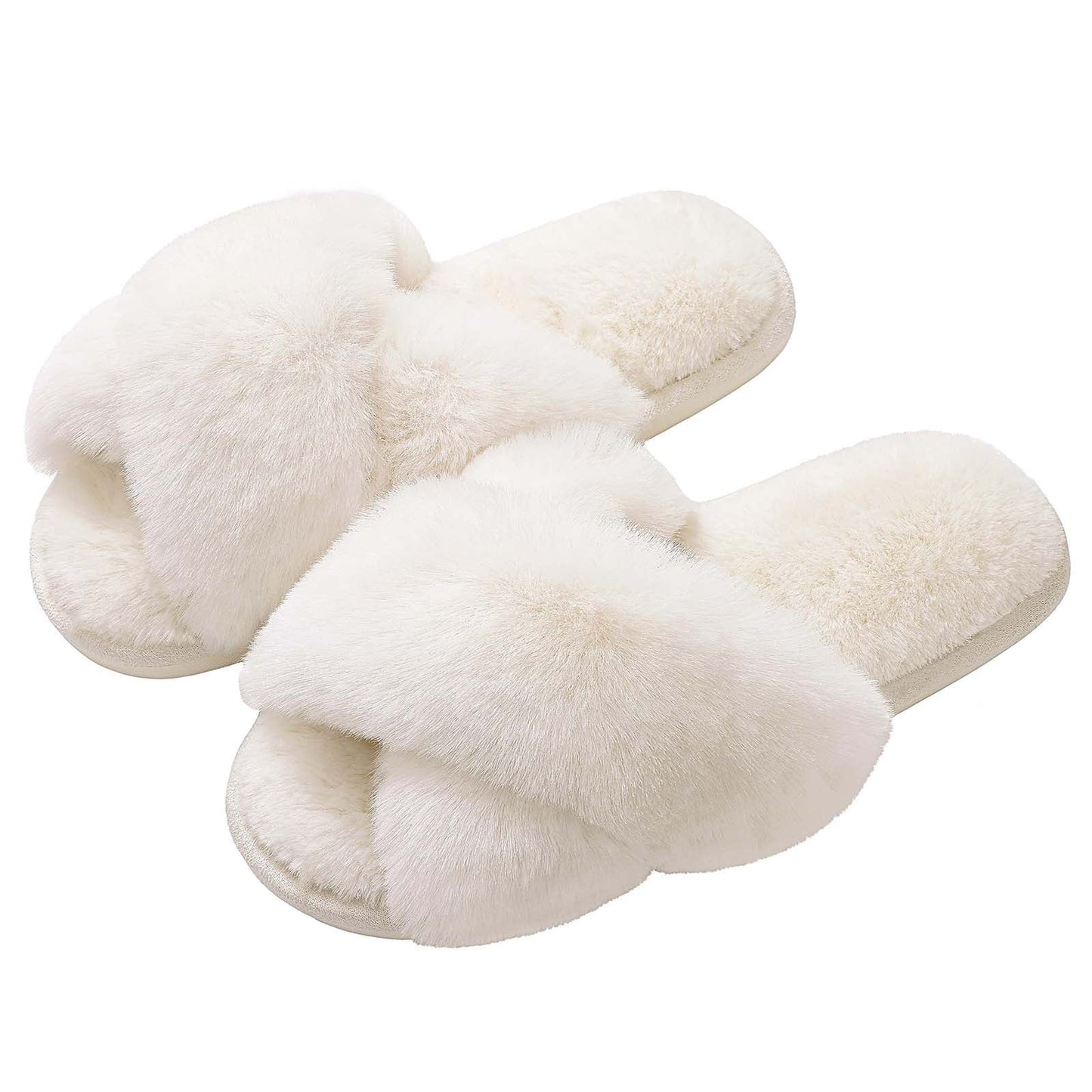 Litfun Women's Fuzzy Slippers Open Toe Cross Band Slippers Memory Foam House Slippers