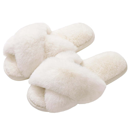 Litfun Women's Fuzzy Slippers Open Toe Cross Band Slippers Memory Foam House Slippers
