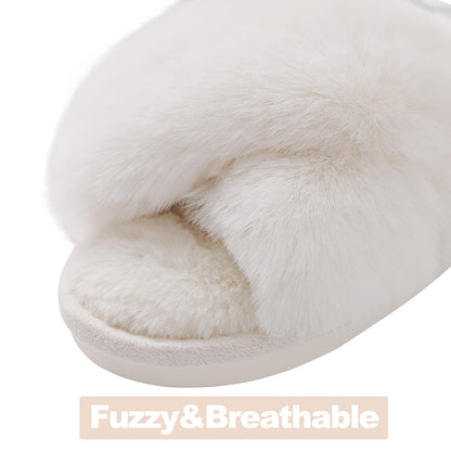 Litfun Women's Fuzzy Slippers Open Toe Cross Band Slippers Memory Foam House Slippers