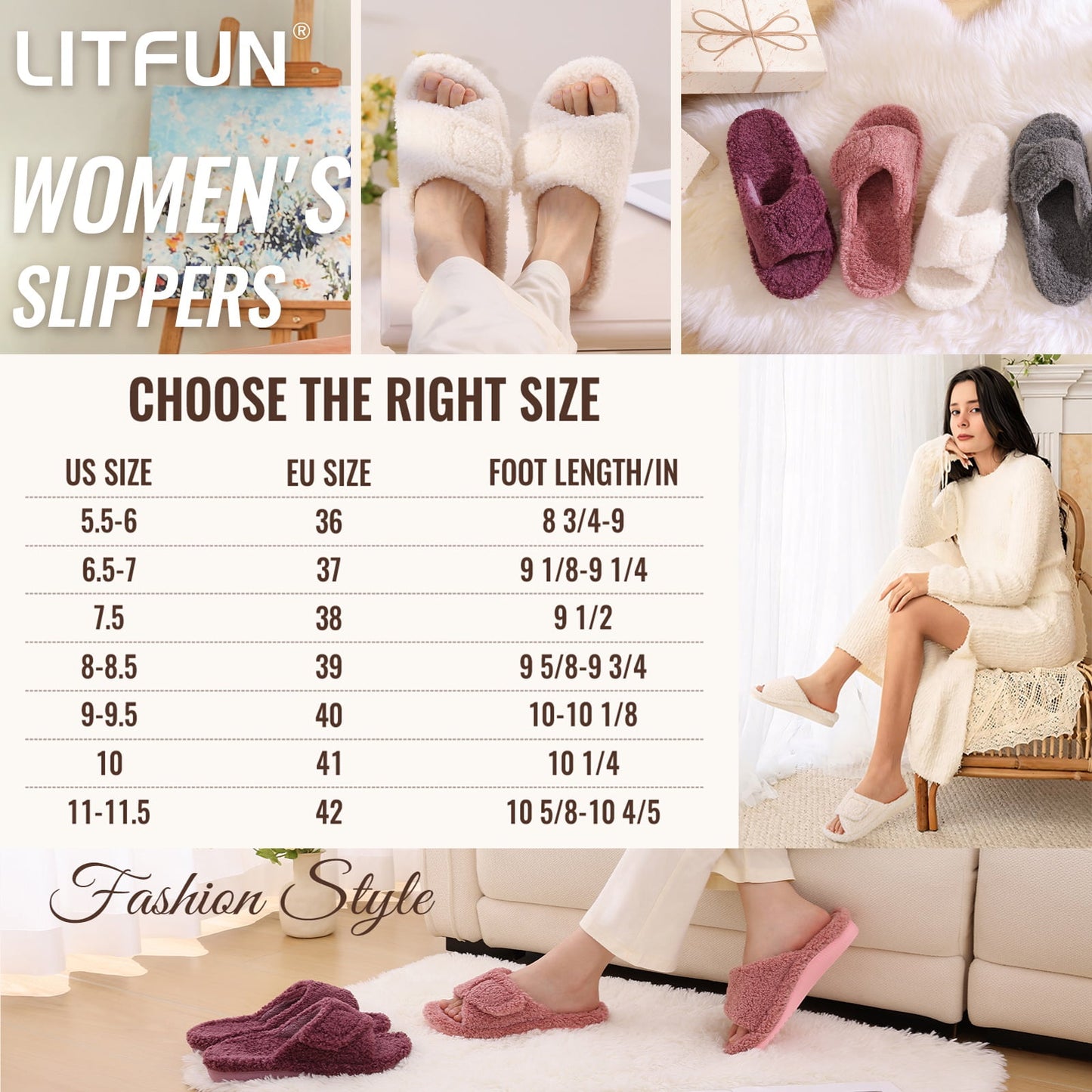 Litfun Women's Fuzzy Orthopedic Slippers with Arch Support Open Toe House Shoes
