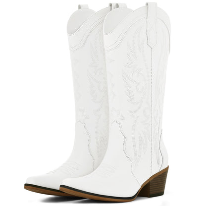 Litfun Cowboy Boots for Women Wide Calf Embroidered Cowgirl Boots Pointed Toe Chunky Block Heel Western Boots