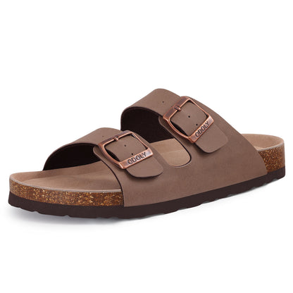 Comwarm Women's Cork Footbed Slide Sandals, Comfortable Flat Sandals with Adjustable Buckle, Apricot