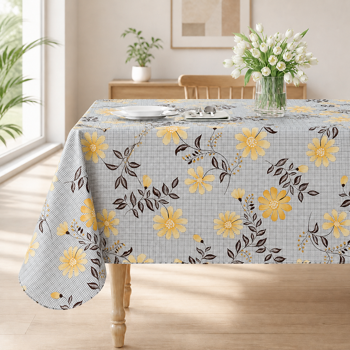 Smile Bee Waterproof Vinyl Tablecloth, Rectangle Table Cover with Flannel Backing