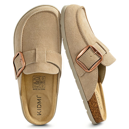 KIDMI Genuine Suede Clogs for Women Cork Footbed Leather Mules Slip On with Comfort Memory Foam and Adjustable Buckle
