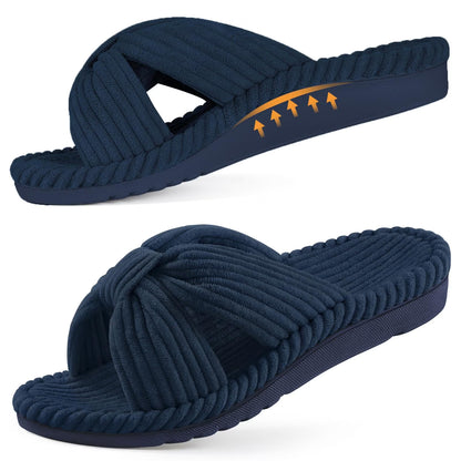 Litfun Orthopedic Arch Support Slippers for Women Open Toe House Slippers Corduroy Cross Bow Slide Slippers